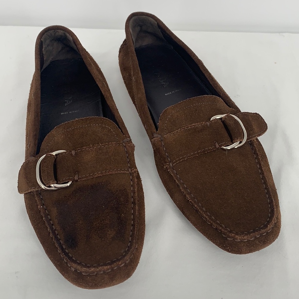 Prada Brown Suede Driving Loafers with Buckled Vamp Sz 40 or US Sz 9